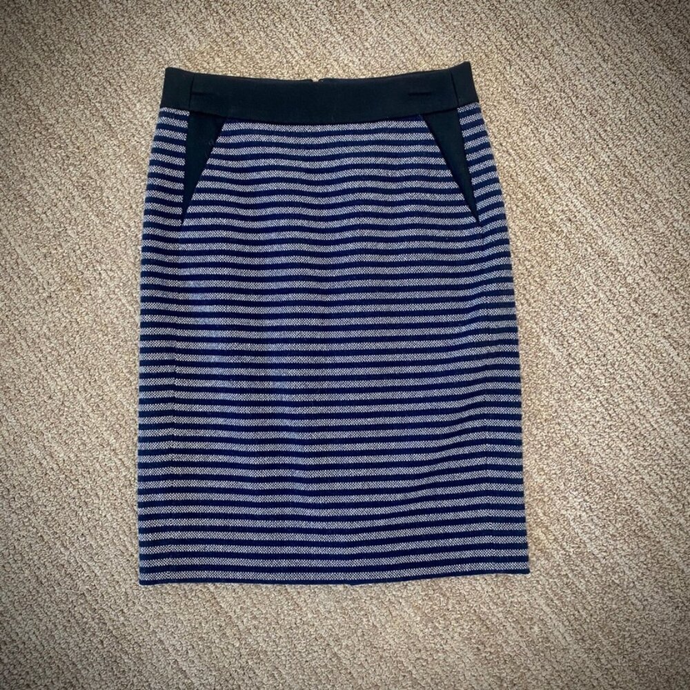 J. Crew Wool Colorblock Pencil Skirt in Navy/Grey Stripe, Size 4